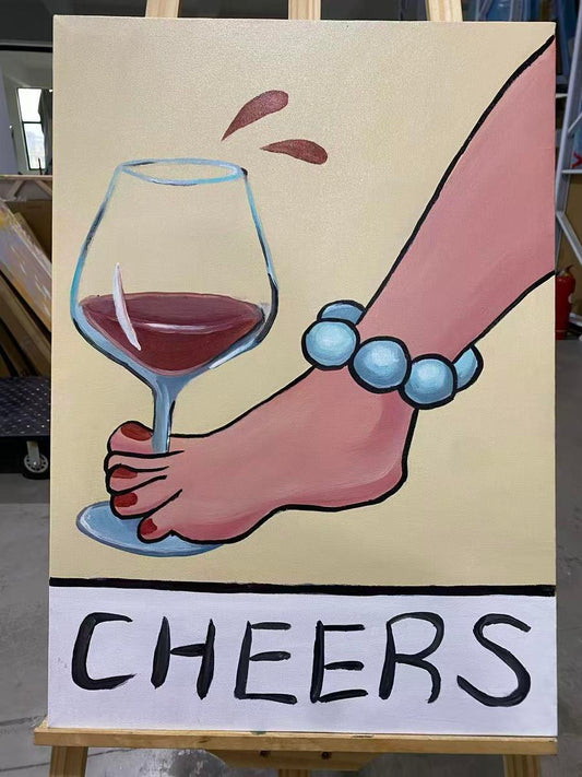 Fun cartoon foot holding red wine glass "CHEERS" art