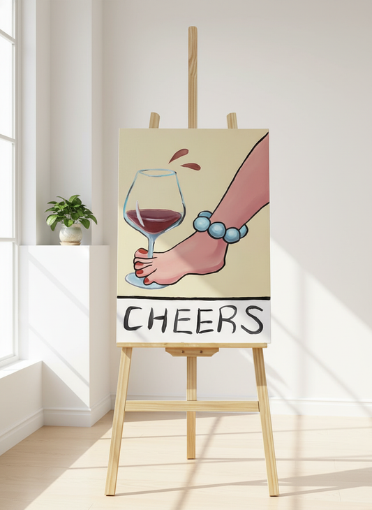 Fun cartoon foot holding red wine glass "CHEERS" art