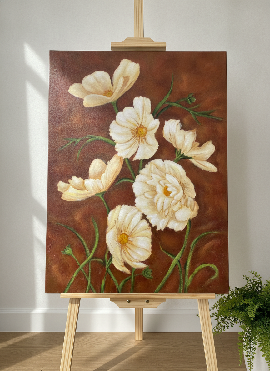 Cream cosmos flowers against vintage brown background