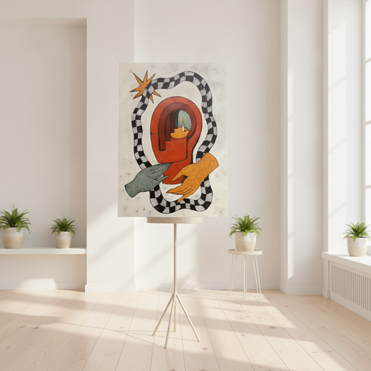 Surreal abstract face with checkerboard snake & candle