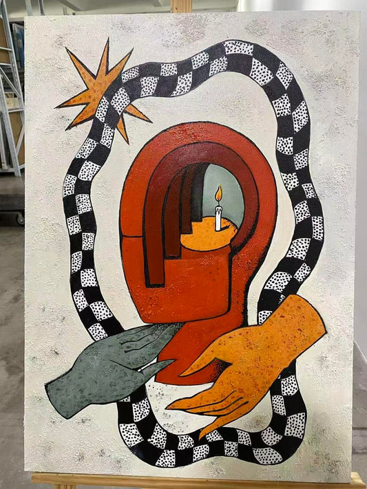 Surreal abstract face with checkerboard snake & candle