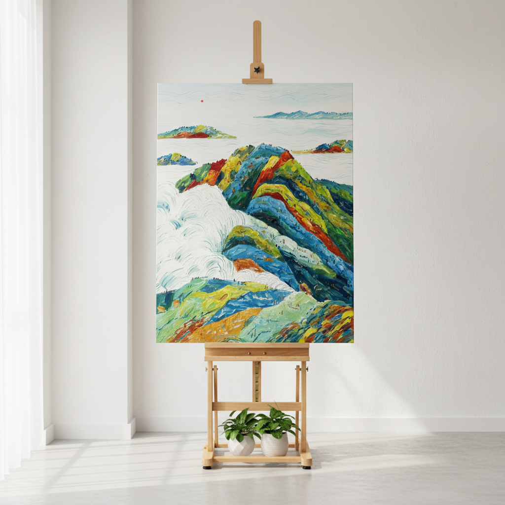Vibrant multicolor cloud mountain island impasto oil painting, bright living room wall decor